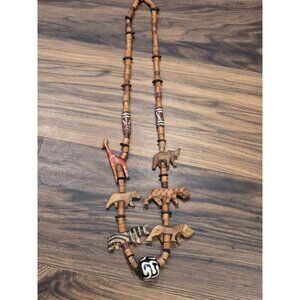 Safari Animal Necklace Carved Wood Beads Giraffe Zebra Lion Elephant Boho Tribal